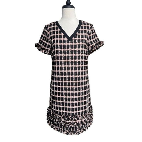 CeCe Short Sleeve Pink & Black Plaid Nubby Dress Size 2 - Picture 1 of 5